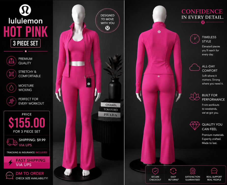💖 Lululemon Hot Pink Jacket + Flare Legging + Tank 3pcs Set💖