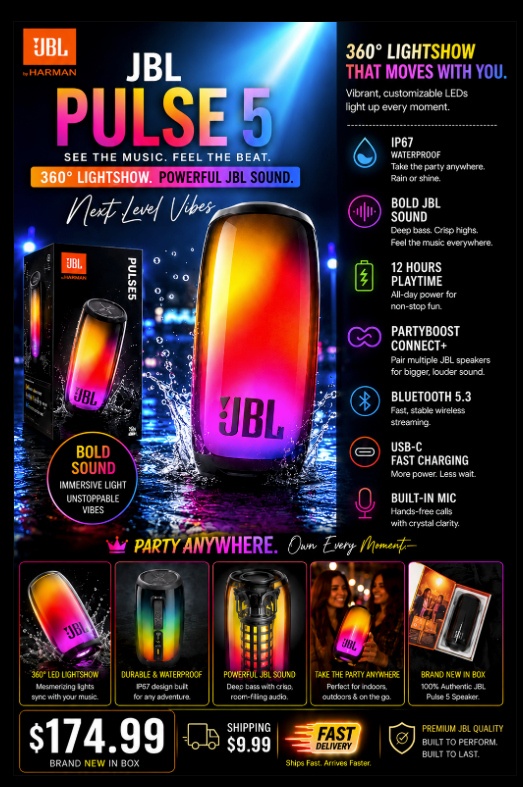🔥🌈🔊JBL Pulse 5 Bluetooth Speaker | Brand New In Box🌈🔊🔥