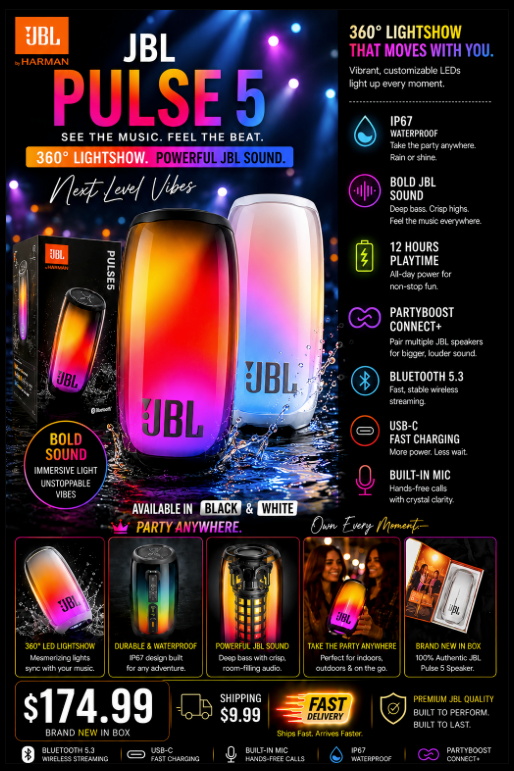 🔥🌈🔊JBL Pulse 5 Bluetooth Speaker | Brand New In Box🌈🔊🔥